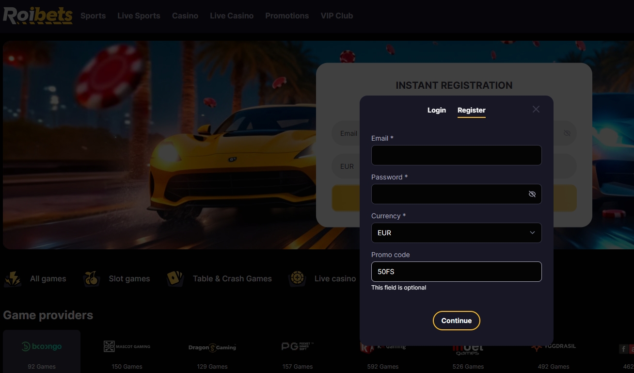 Screenshot Roibets - Bonus Sans Dépôt 100 Tours Gratuits avec code 50FS